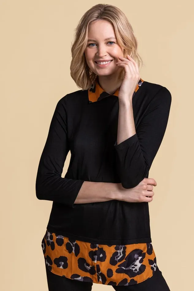 Amber Contrast Detail Animal Print 34 Sleeve Top Women Roman Tops