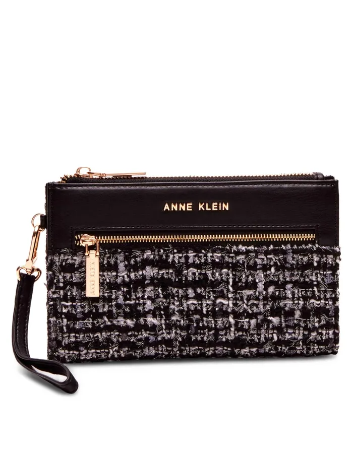 Anne Klein 2 Piece Gift Set With Tweed Zip Clutch And Card Case Black White Tweed Women Handbags