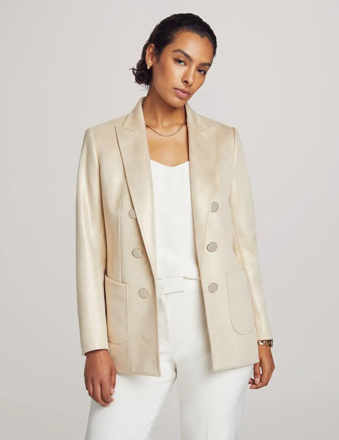 Anne Klein Foil Scuba Suede Faux Double Breasted Jacket Latte Women Clothing