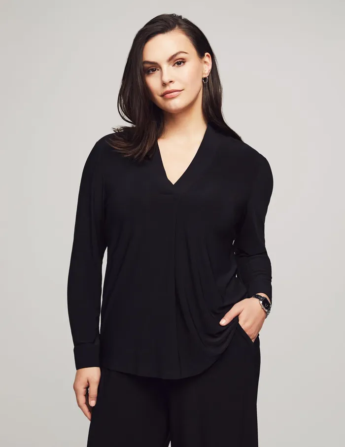 Anne Klein Long Sleeve Buttoned Cuff Top With VNeck Collar Anne Black Women Clothing