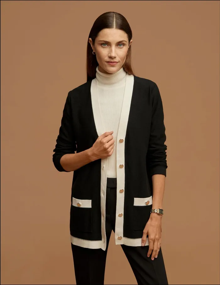 Anne Klein Long Sleeve Cardigan With Contrast Trim Anne Black Women Clothing
