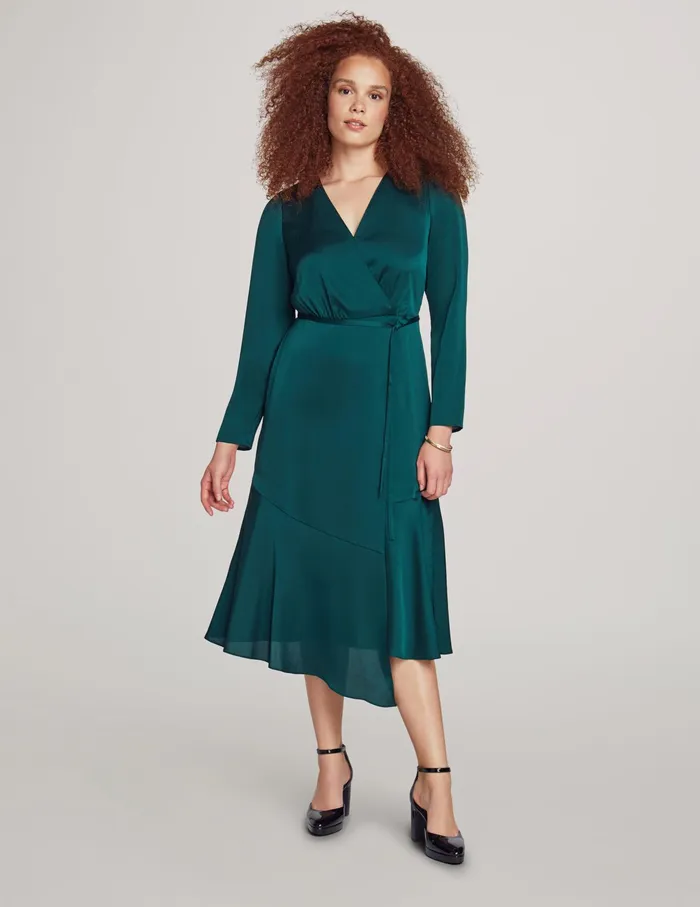 Anne Klein Long Sleeve VNeck Faux Wrap Dress Pine Forest Women Clothing