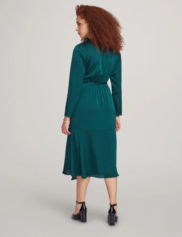 Anne Klein Long Sleeve VNeck Faux Wrap Dress Pine Forest Women Clothing