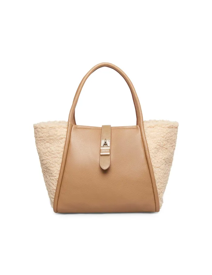 Anne Klein Mixed Media Sherpa Lock Tote Khaki Women Handbags