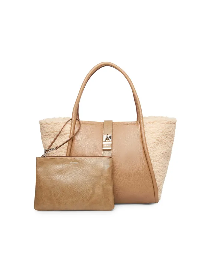Anne Klein Mixed Media Sherpa Lock Tote Khaki Women Handbags