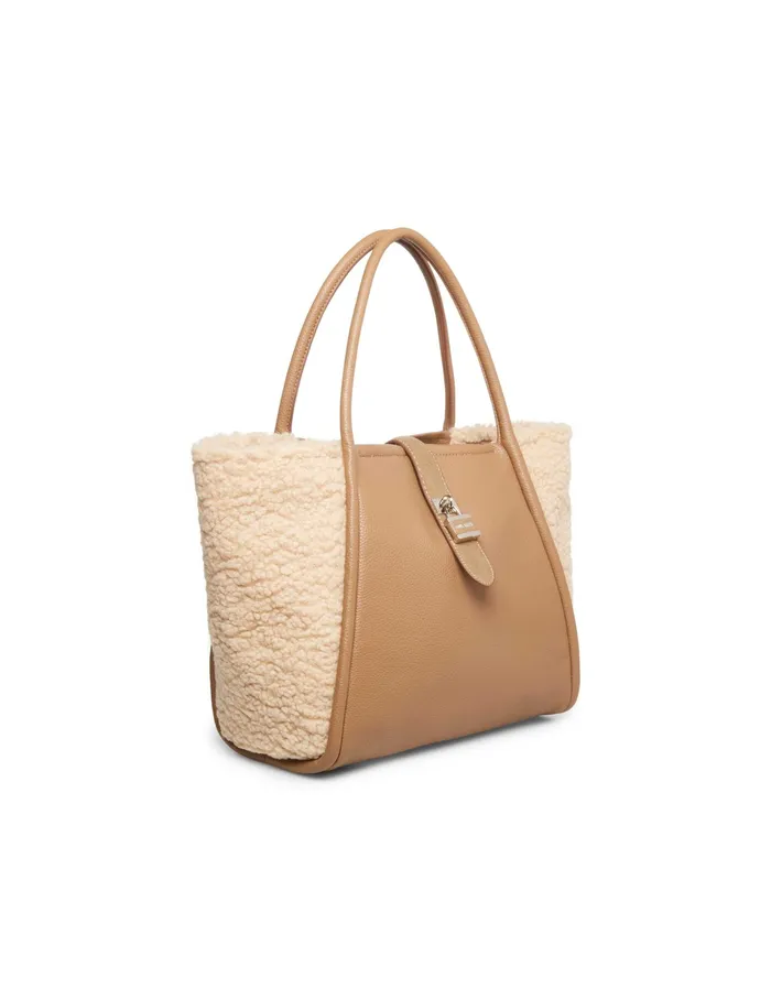 Anne Klein Mixed Media Sherpa Lock Tote Khaki Women Handbags