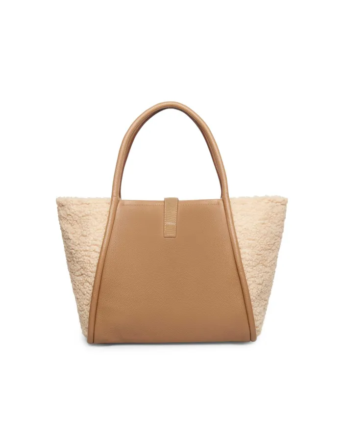 Anne Klein Mixed Media Sherpa Lock Tote Khaki Women Handbags
