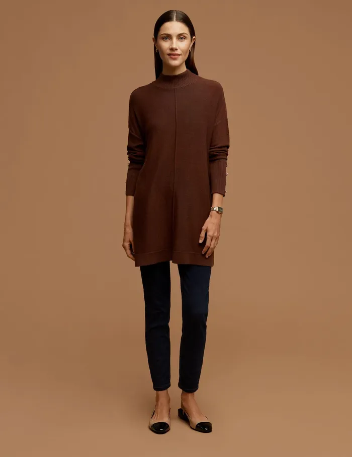 Anne Klein Mock Neck Long Sleeve Sweater With Buttons Espresso Women Clothing