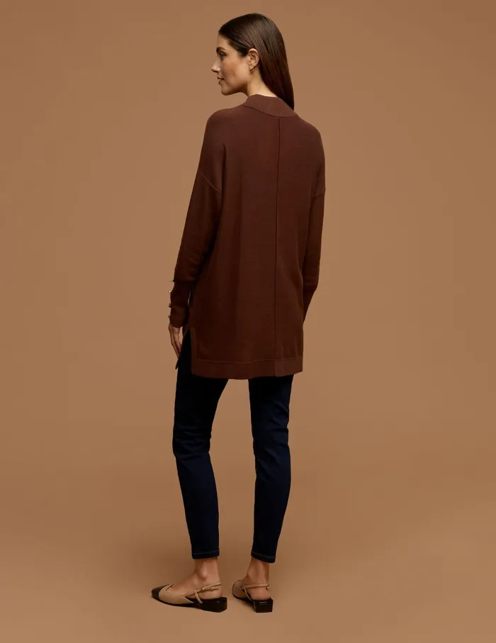 Anne Klein Mock Neck Long Sleeve Sweater With Buttons Espresso Women Clothing