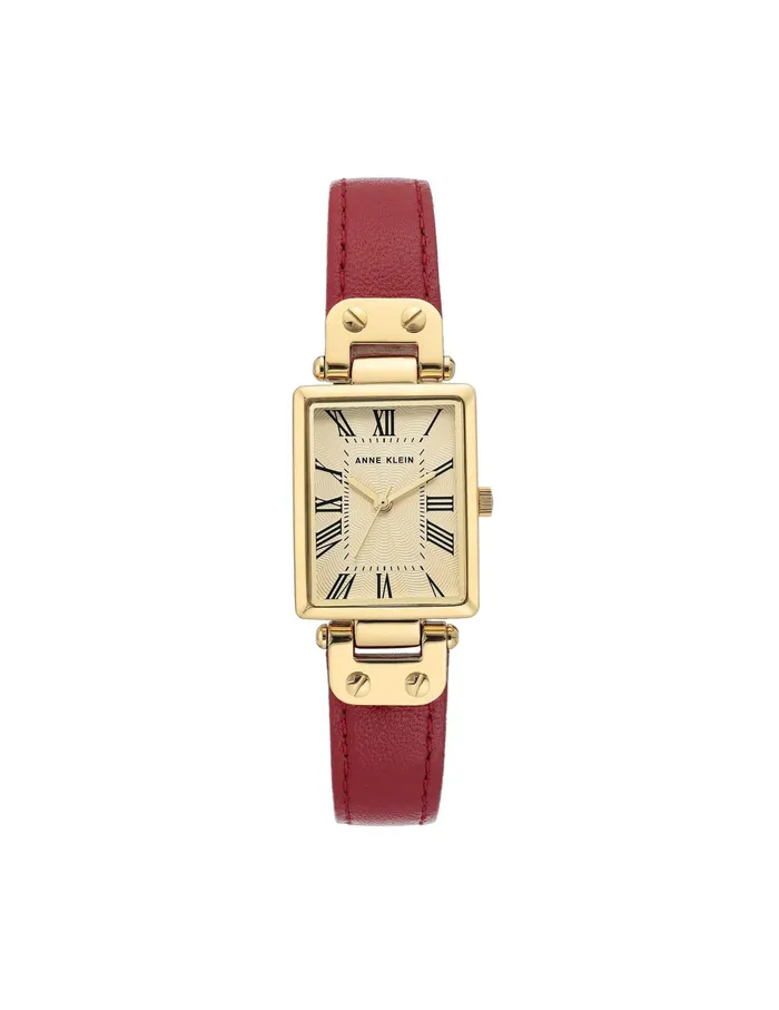 Anne Klein Rectangular Case Leather Strap Watch Red Women Watches 038 Jewelry