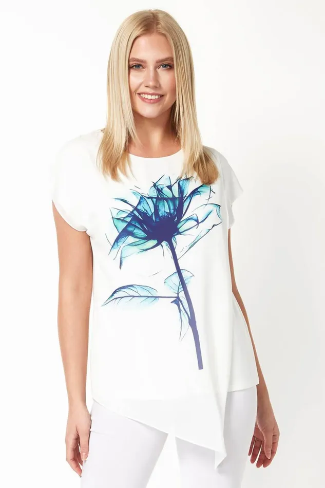Aqua Blue Floral Placement Print Overlay Top Women Roman Tops