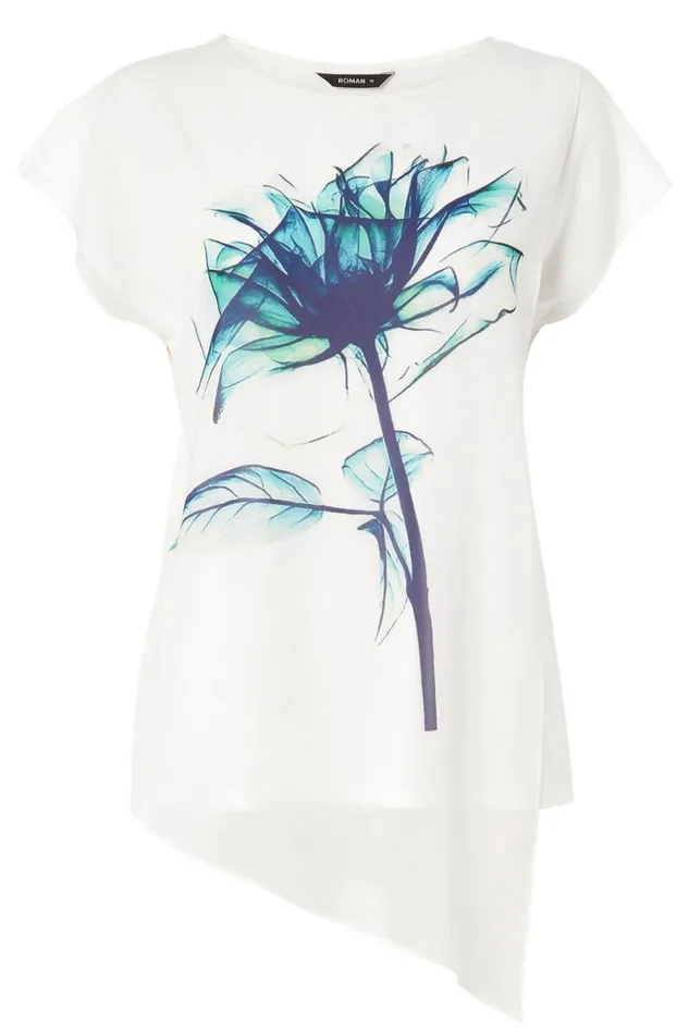 Aqua Blue Floral Placement Print Overlay Top Women Roman Tops