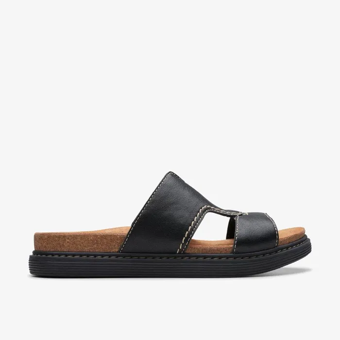 Arwell Walk Black Leather Women Clarks Sandals and Flip Flops