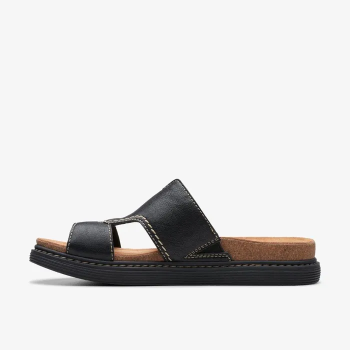Arwell Walk Black Leather Women Clarks Sandals and Flip Flops