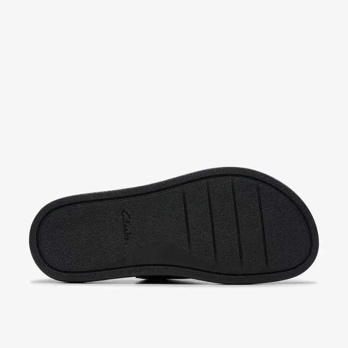 Arwell Walk Black Leather Women Clarks Sandals and Flip Flops