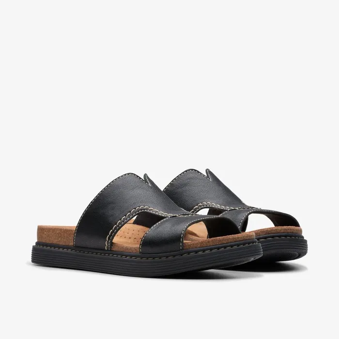 Arwell Walk Black Leather Women Clarks Sandals and Flip Flops