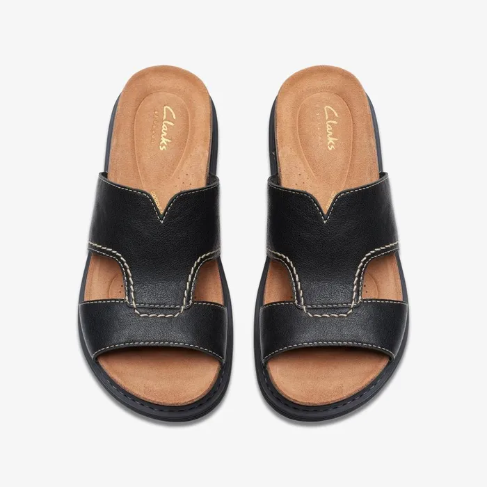 Arwell Walk Black Leather Women Clarks Sandals and Flip Flops