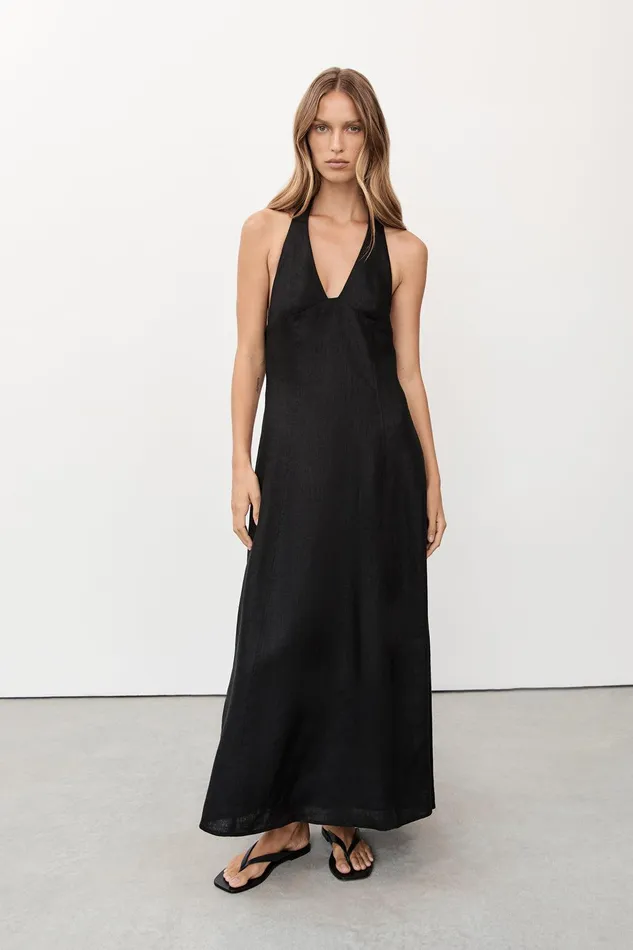 AUDREY BLACK HALTER LINEN DRESS Women DISSH Linen Dresses