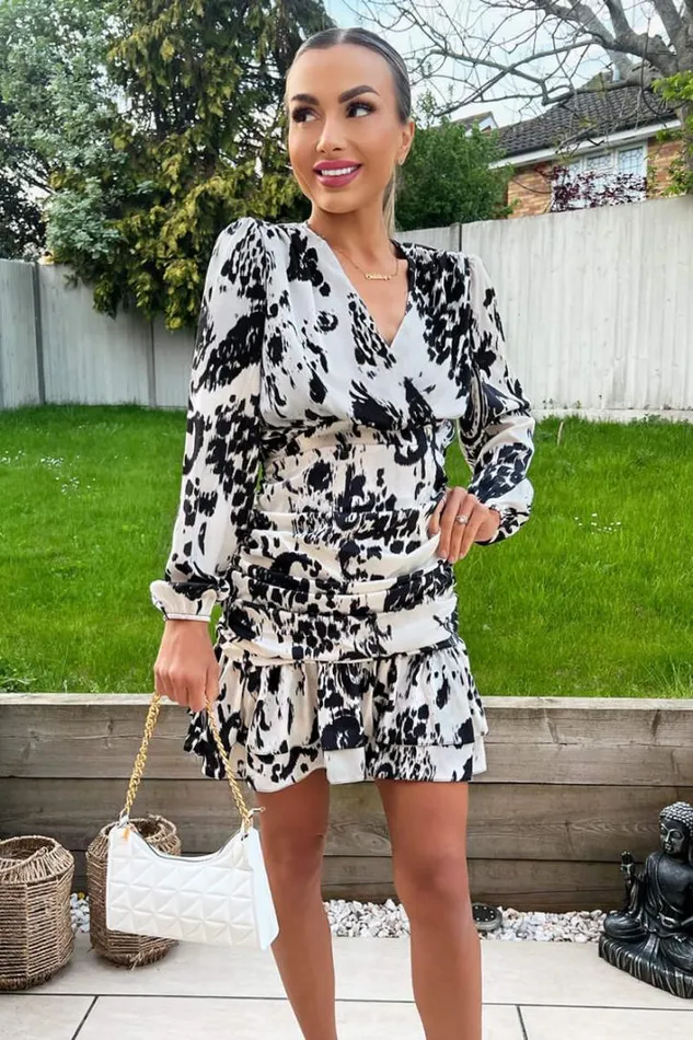 AX Paris Black And Cream Printed Wrap Top Ruched Mini Dress Dresses