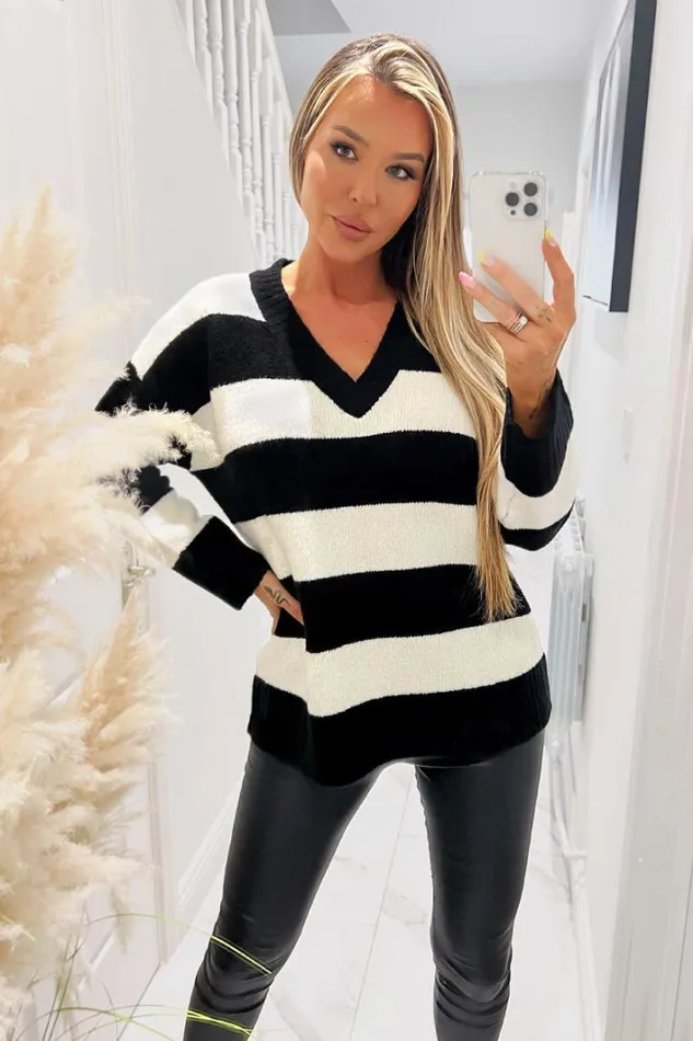 AX Paris Black And Cream Stripe VNeck Knitted Jumper Knitwear
