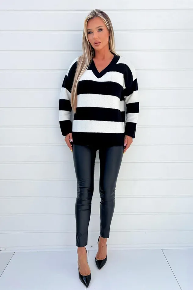 AX Paris Black And Cream Stripe VNeck Knitted Jumper Knitwear