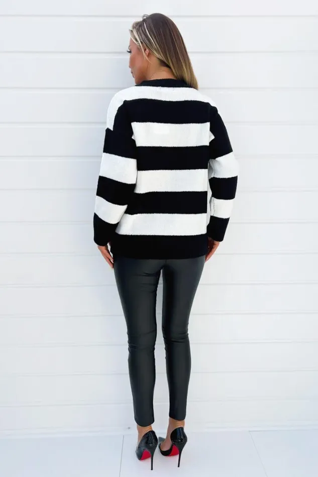 AX Paris Black And Cream Stripe VNeck Knitted Jumper Knitwear