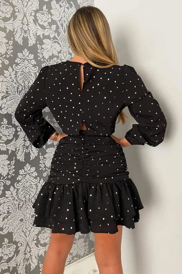 AX Paris Black And Gold Polka Dot Long Sleeve Frill Hem Mini Dress Dresses
