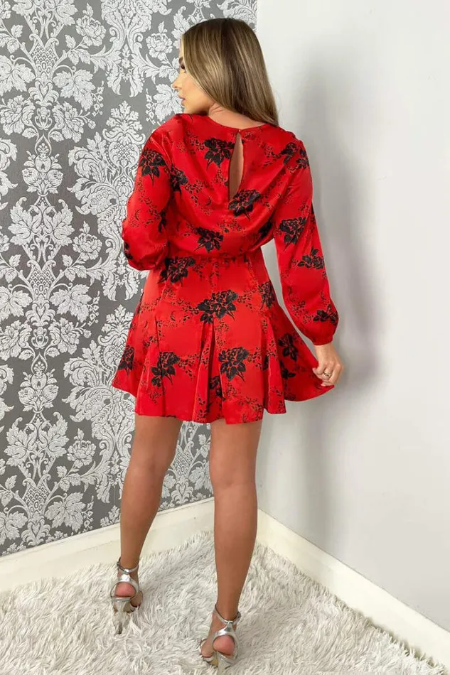 AX Paris Black And Red Printed Long Sleeve Round Neck Mini Dress Dresses