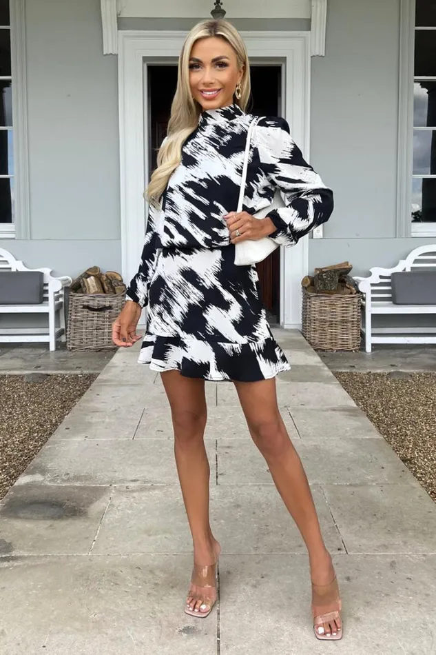 AX Paris Black And White High Neck Long Sleeve Skater Dress Dresses