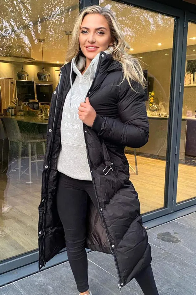 AX Paris Black Belted Long Puffer Coat Coats and Jackets
