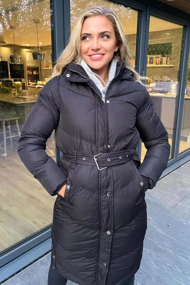 AX Paris Black Belted Long Puffer Coat Coats and Jackets