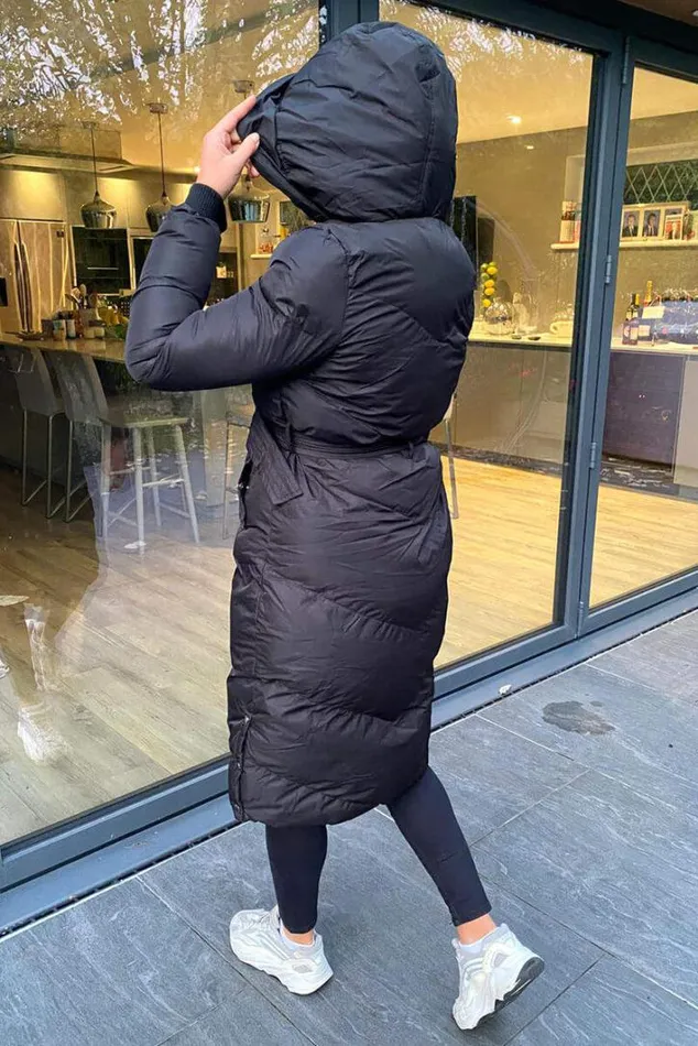 AX Paris Black Belted Long Puffer Coat Coats and Jackets
