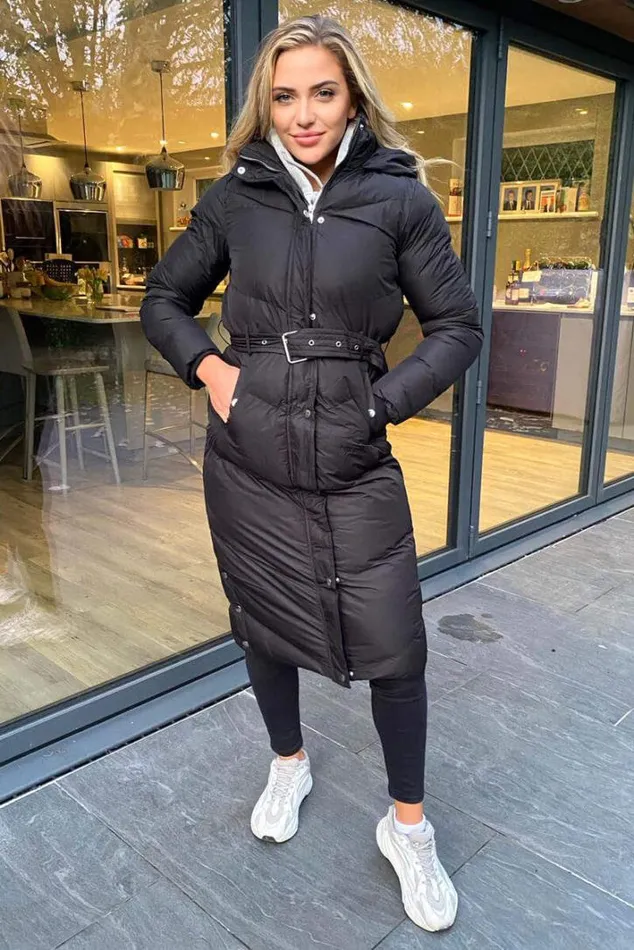AX Paris Black Belted Long Puffer Coat Coats and Jackets