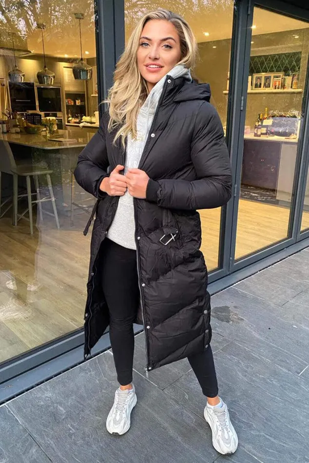 AX Paris Black Belted Long Puffer Coat Coats and Jackets