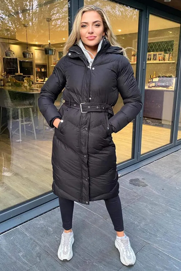 AX Paris Black Belted Long Puffer Coat Coats and Jackets