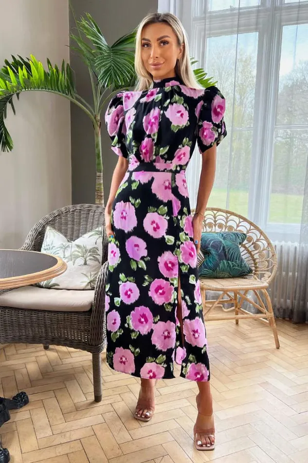 AX Paris Black Floral Printed Short Puff Sleeve Midi Dress Dresses