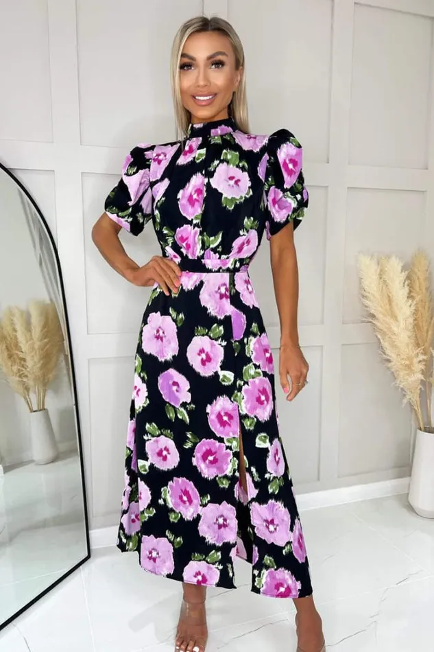 AX Paris Black Floral Printed Short Puff Sleeve Midi Dress Dresses