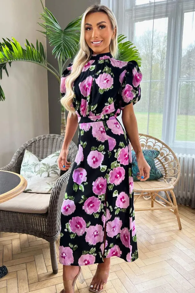AX Paris Black Floral Printed Short Puff Sleeve Midi Dress Dresses