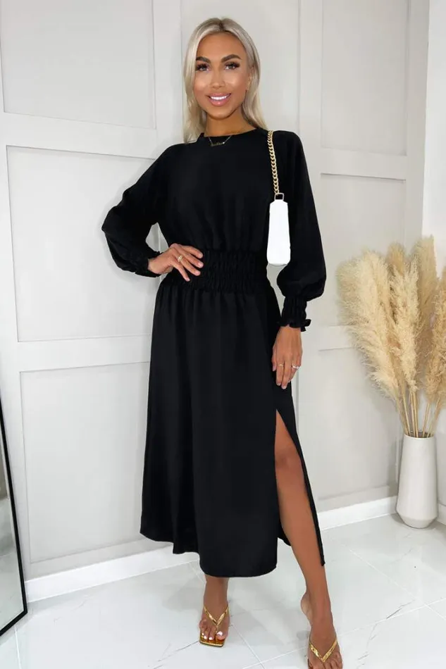 AX Paris Black Long Sleeve Shirred Detail Midi Dress Dresses