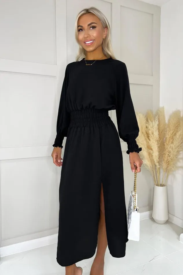 AX Paris Black Long Sleeve Shirred Detail Midi Dress Dresses