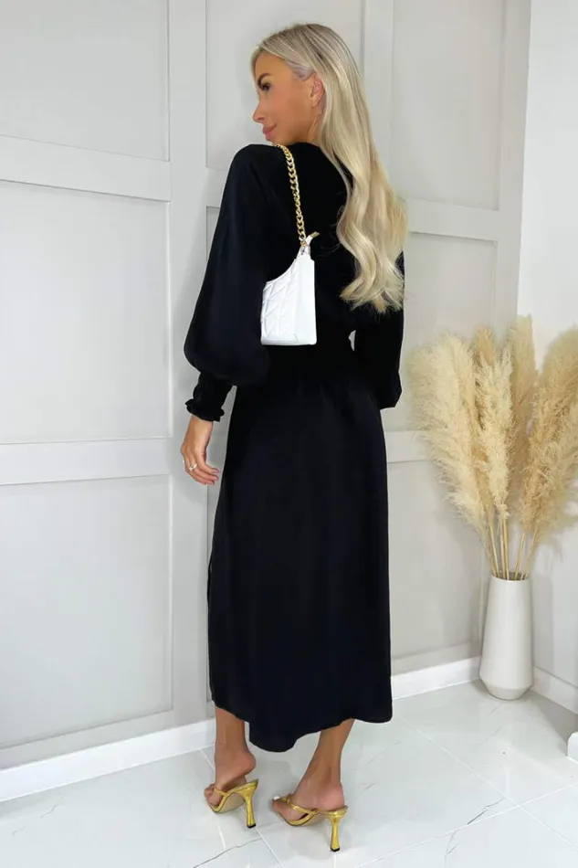 AX Paris Black Long Sleeve Shirred Detail Midi Dress Dresses
