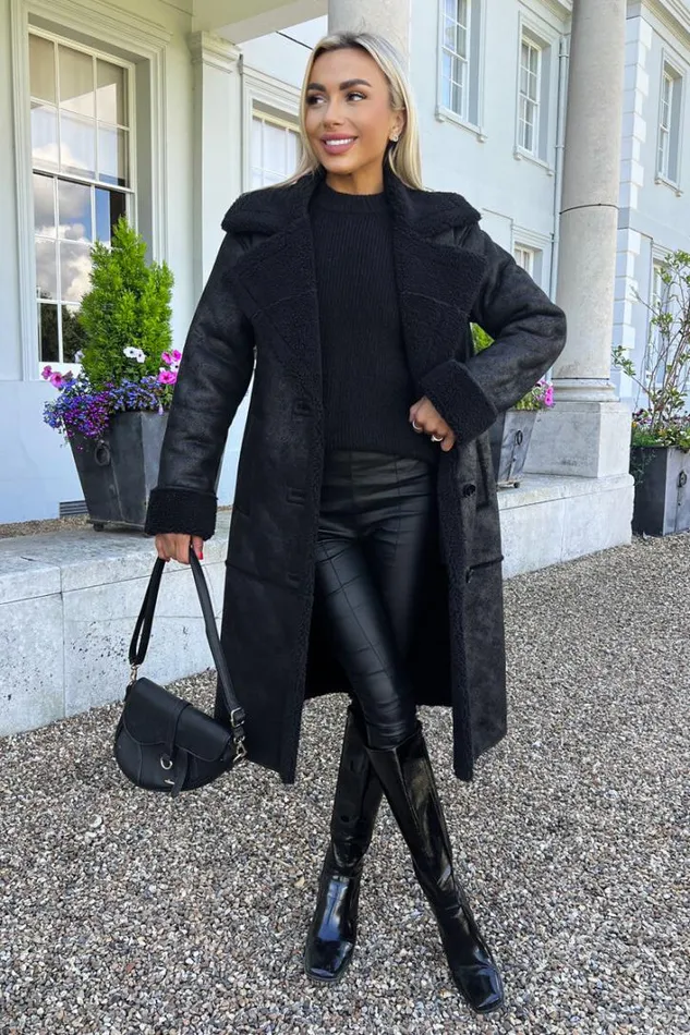 AX Paris Black Longline Faux Shearling Coat Coats and Jackets