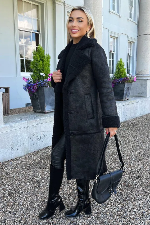 AX Paris Black Longline Faux Shearling Coat Coats and Jackets