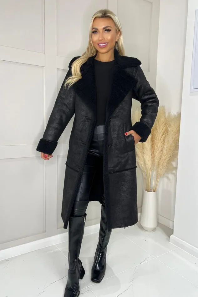 AX Paris Black Longline Faux Shearling Coat Coats and Jackets