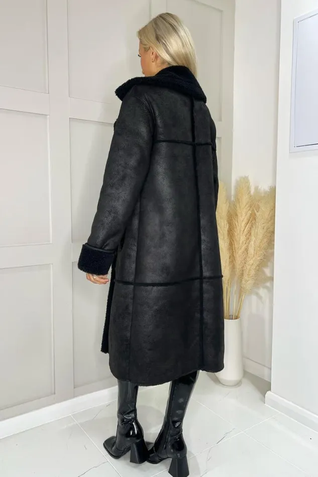 AX Paris Black Longline Faux Shearling Coat Coats and Jackets