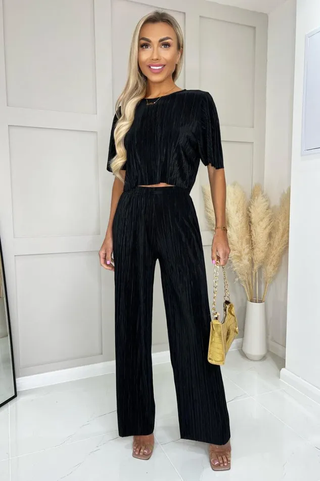 AX Paris Black Plisse Straight Leg Trousers Trousers and Leggings