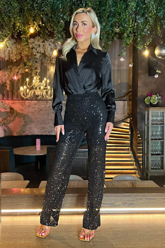 AX Paris Black Sequin High Waist Trousers Trousers and Leggings