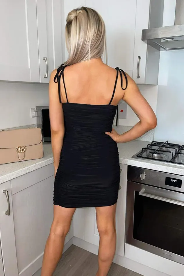 AX Paris Black Slinky Tie Strap Ruched Bodycon Dress Occasion Dresses