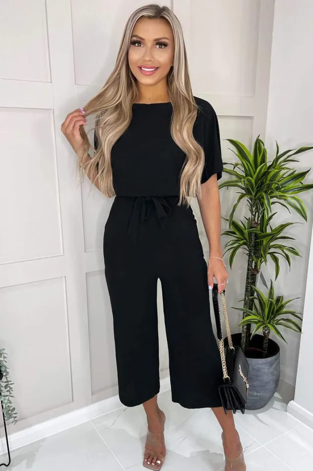 AX Paris Black Tie Waist Short Sleeve Culotte Jumpsuit Jumpsuits And Playsuits AX Paris Black Tie Waist Short Sleeve Culotte Jumpsuit Jumpsuits And Playsuits