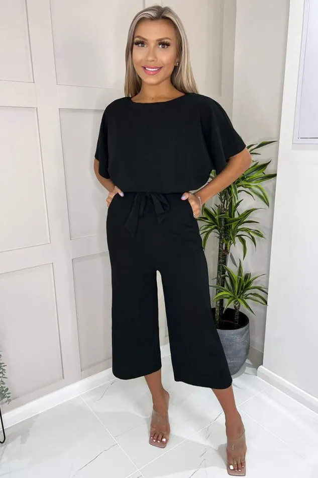 AX Paris Black Tie Waist Short Sleeve Culotte Jumpsuit Jumpsuits And Playsuits